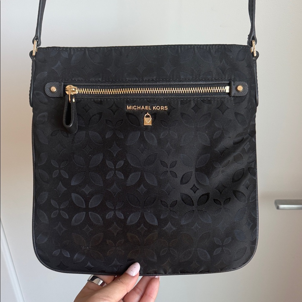 Michael Kors Black Signature Jacquard Crossbody with Gold Hardware